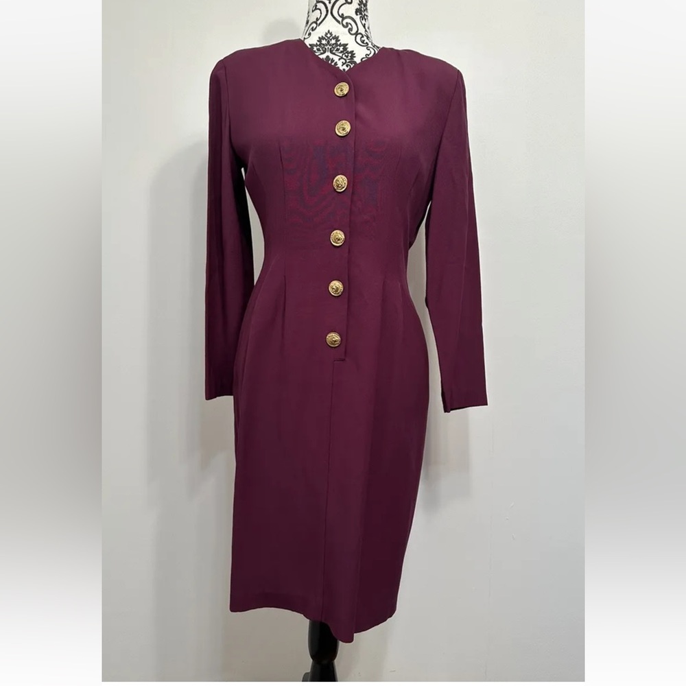 VTG Cynthia Howie Petite purple Gold Button waist Up Long Sleeve dress Size 4P